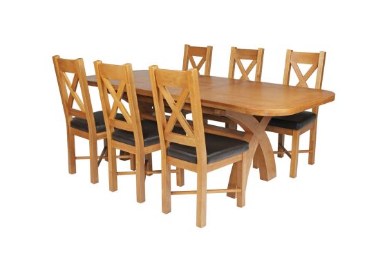 Country Oak 230cm Cross Leg Oval Table and 6 Grasmere Brown Leather Chairs