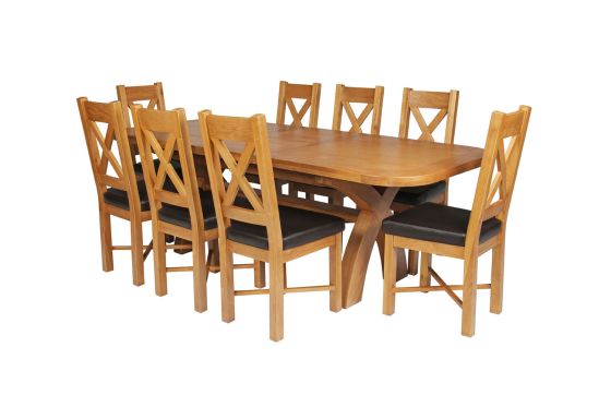 Country Oak 230cm Cross Leg Oval Table and 8 Grasmere Brown Leather Chairs