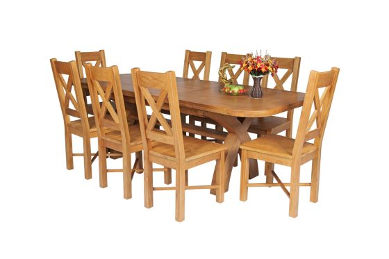 Country Oak 230cm Cross Leg Oval Table and 8 Grasmere Timber Seat Chairs