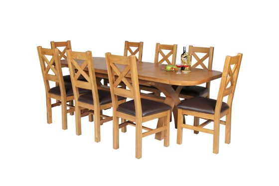 Country Oak 230cm Cross Leg Oval Table and 8 Windermere Brown Leather Chairs