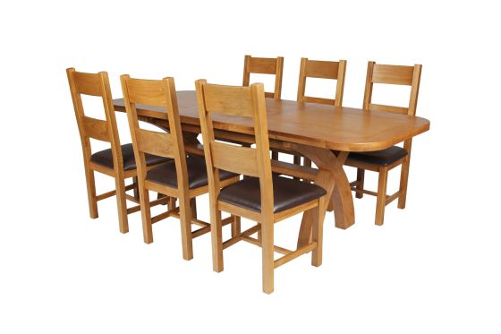 Country Oak 230cm Cross Leg Oval Table and 6 Chester Brown Leather Chairs