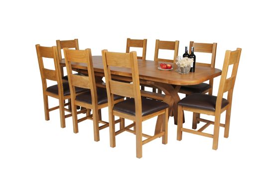 Country Oak 230cm Cross Leg Oval Table and 8 Chester Brown Leather Chairs