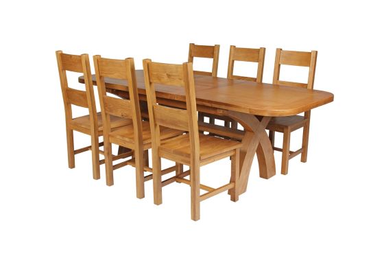 Country Oak 230cm Cross Leg Oval Table and 6 Chester Timber Seat Chair