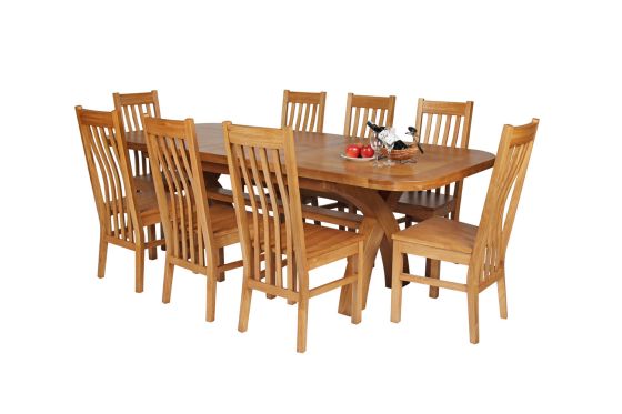 Country Oak 230cm Cross Leg Oval Table and 8 Chelsea Timber Seat Chairs
