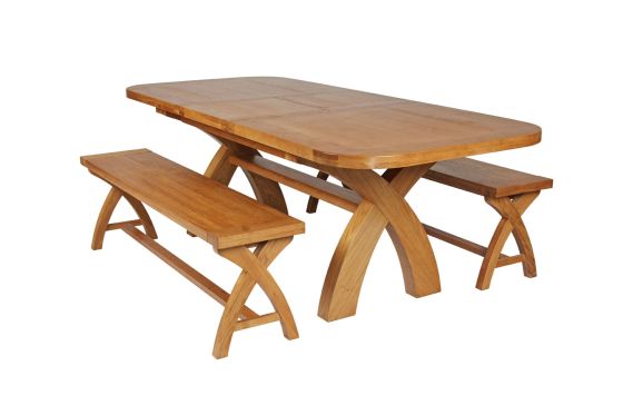 Country Oak 230cm Cross Leg Oval Table and 2 160cm Cross Leg Bench Set