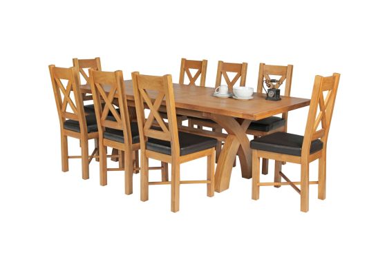 Country Oak 230cm Cross Leg Table and 8 Grasmere Brown Leather Chairs Set - SPRING SALE