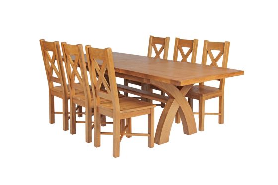 Country Oak 230cm Cross Leg Square Table and 6 Grasmere Timber Seat Chairs