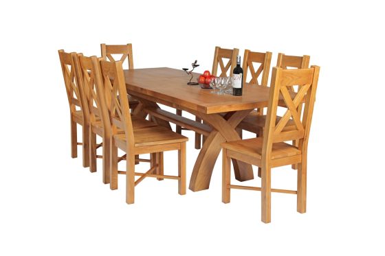 Country Oak 230cm Cross Leg Square Table and 8 Grasmere Timber Seat Chairs