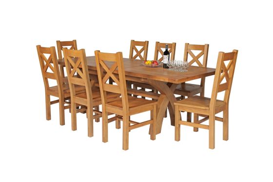 Country Oak 230cm Cross Leg Square Table and 8 Windermere Timber Seat Chairs
