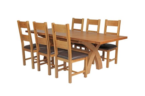 Country Oak 230cm Cross Leg Square Table and 6 Chester Brown Leather Chairs