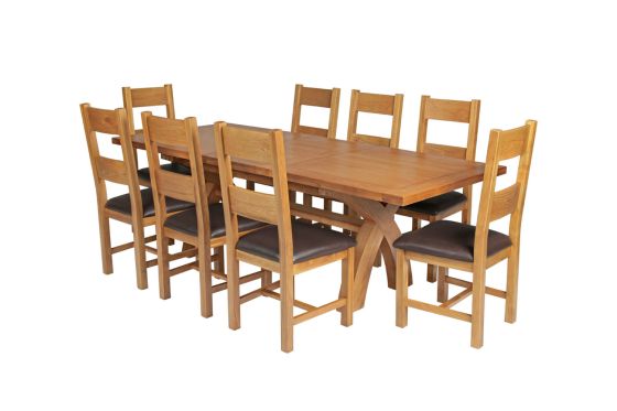Country Oak 230cm Cross Leg Square Table and 8 Chester Brown Leather Chairs