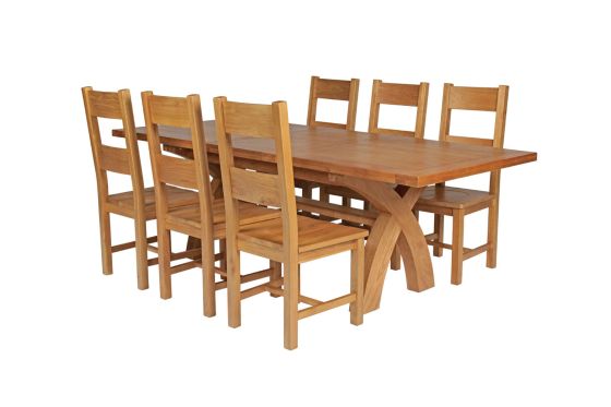 Country Oak 230cm Cross Leg Square Table and 6 Chester Timber Seat Chairs