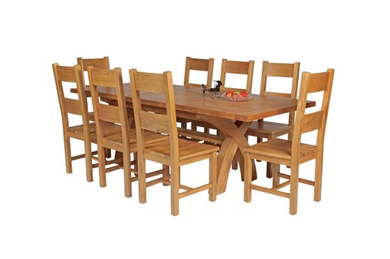 Country Oak 230cm Cross Leg Square Table and 8 Chester Timber Seat Chairs