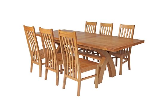Country Oak 230cm Cross Leg Square Table and 6 Chelsea Timber Seat Chairs