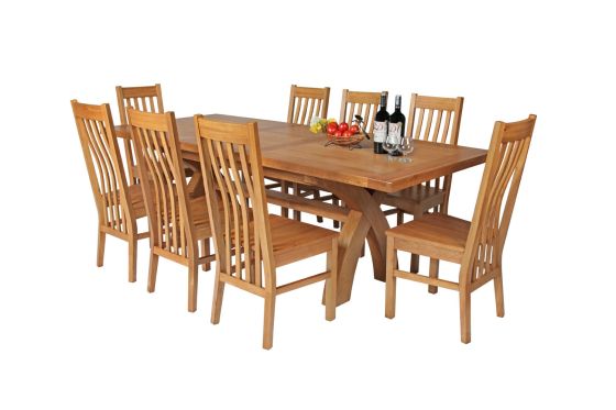 Country Oak 230cm Cross Leg Square Table and 8 Chelsea Timber Seat Chairs