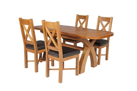 Country Oak 180cm Extending Cross Leg Rounded Corner Table and 4 Grasmere Brown Leather Chairs Set - SPRING SALE