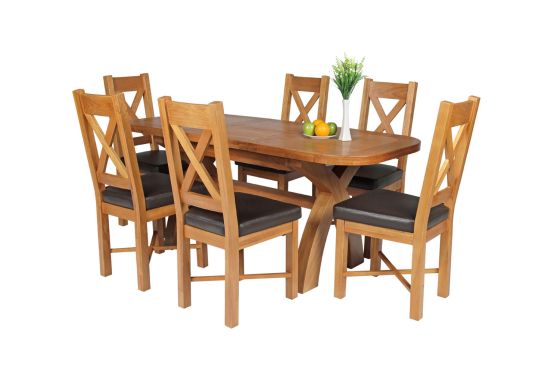 Country Oak 180cm Extending Cross Leg Oval Table and 6 Grasmere Brown Leather Chairs - SPRING SALE