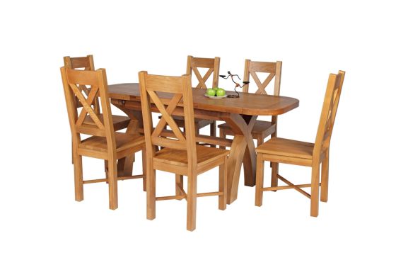 Country Oak 180cm Extending Cross Leg Oval Table and 6 Grasmere Timber Seat Chairs