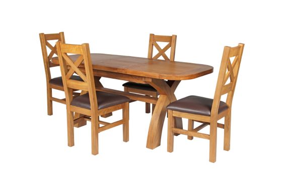 Country Oak 180cm Extending Cross Leg Oval Table and 4 Windermere Brown Leather Chairs