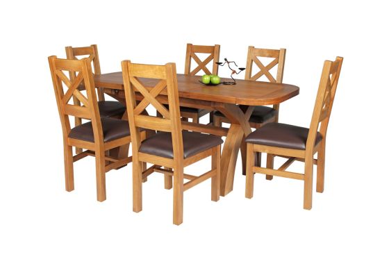Country Oak 180cm Extending Cross Leg Oval Table and 6 Windermere Brown Leather Chairs