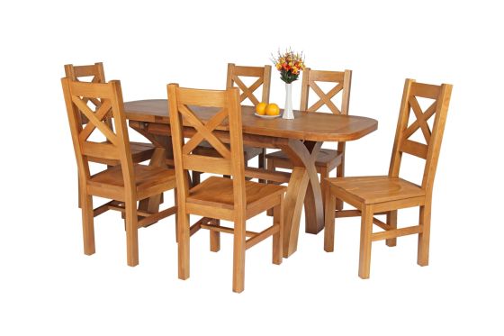 Country Oak 180cm Extending Cross Leg Oval Table and 6 Windermere Timber Seat Chairs