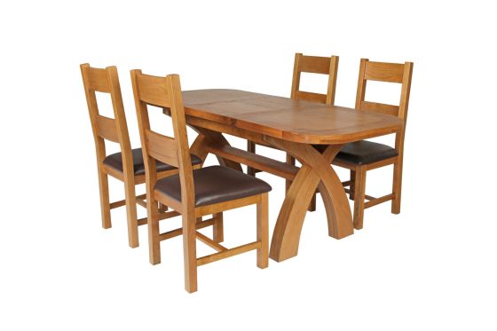 Country Oak 180cm Extending Cross Leg Oval Table and 4 Chester Brown Leather Chairs