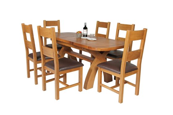 Country Oak 180cm Extending Cross Leg Oval Table and 6 Chester Brown Leather Chairs