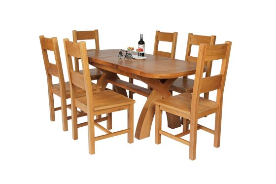 Country Oak 180cm Extending Cross Leg Oval Table and 6 Chester Timber Seat Chairs