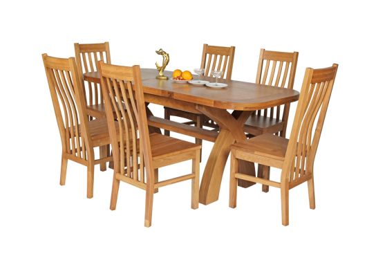 Country Oak 180cm Extending Cross Leg Oval Table and 6 Chelsea Timber Seat Chairs