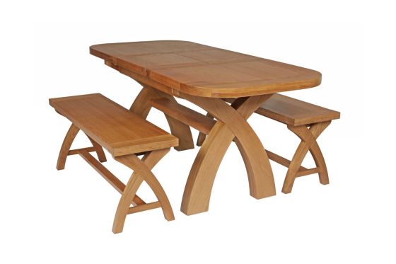 Country Oak 180cm Extending Cross Leg Oval Table and 2 x 120cm Cross Leg Bench Set