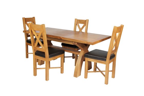 Country Oak 180cm Extending Cross Leg Table and 4 Grasmere Brown Leather Chairs - SPRING SALE