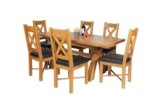 Country Oak 180cm Extending X Leg Table and 6 Grasmere Brown Leather Chairs Set - SPRING SALE