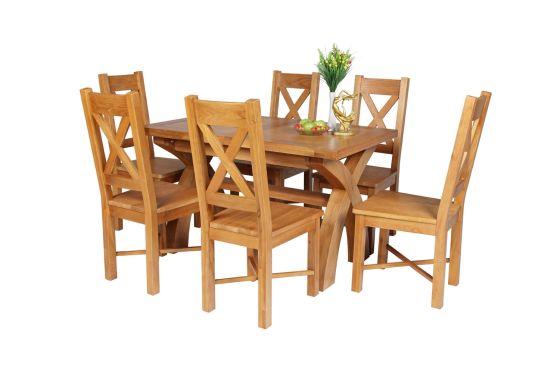 Country Oak 180cm Extending Cross Leg Square Table and 6 Grasmere Timber Seat Chairs