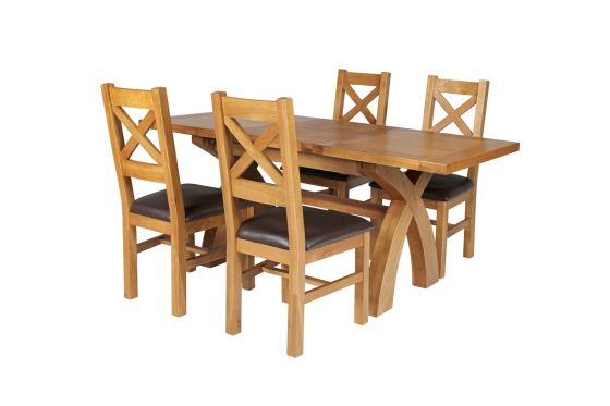 Country Oak 180cm Extending Cross Leg Square Table and 4 Windermere Brown Leather Chairs