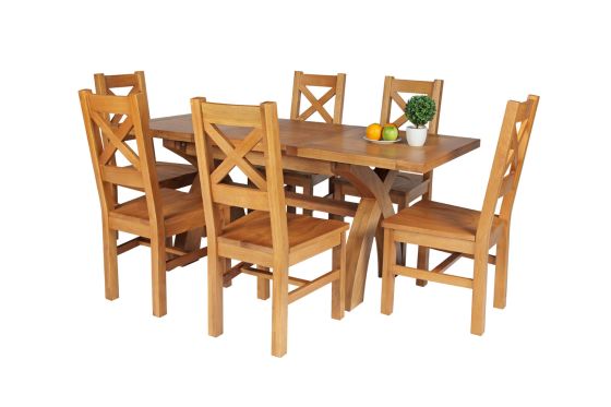 Country Oak 180cm Extending Cross Leg Square Table and 6 Windermere Timber Seat Chairs