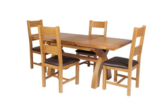 Country Oak 180cm Extending Cross Leg Square Table and 4 Chester Brown Leather Chairs