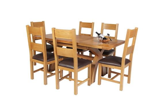 Country Oak 180cm Extending Cross Leg Square Table and 6 Chester Brown Leather Chairs