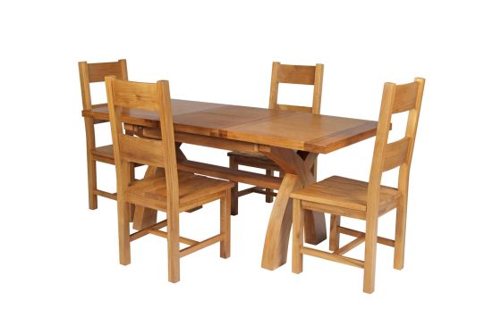Country Oak 180cm Extending Cross Leg Square Table and 4 Chester Timber Seat Chairs