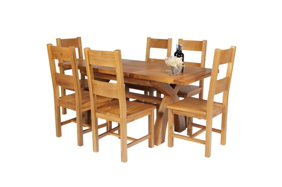 Country Oak 180cm Extending Cross Leg Square Table and 6 Chester Timber Seat Chairs