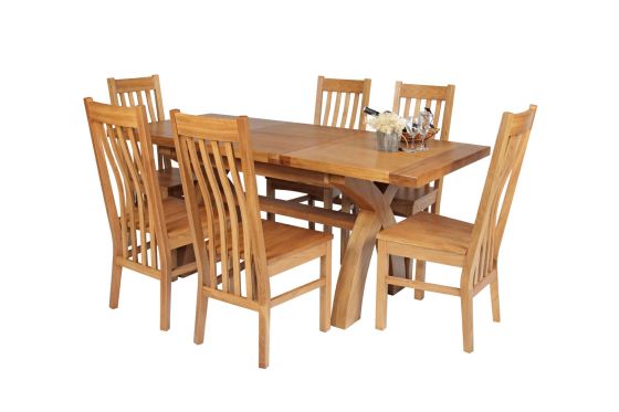 Country Oak 180cm Extending Cross Leg Square Table and 6 Chelsea Timber Seat Chairs