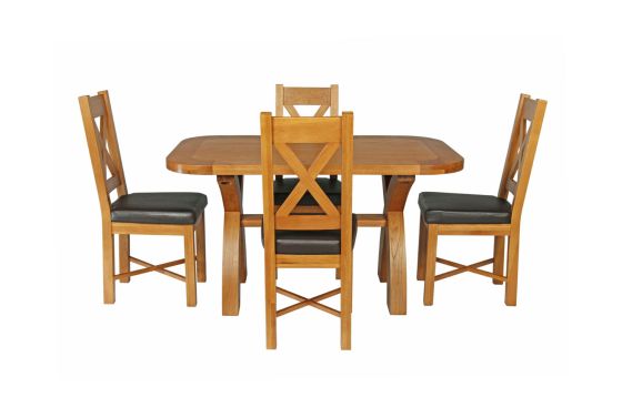 Country Oak 140cm Cross Leg Rounded Corner Table and 4 Grasmere Brown Leather Chairs - SPRING SALE