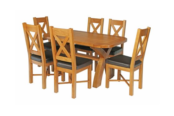 Country Oak 140cm Cross Leg Rounded Corner Table and 6 Grasmere Brown Leather Chairs Set - SPRING SALE