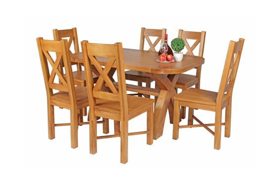 Country Oak 140cm Cross Leg Fixed Oval Table and 6 Grasmere Timber Seat Chairs