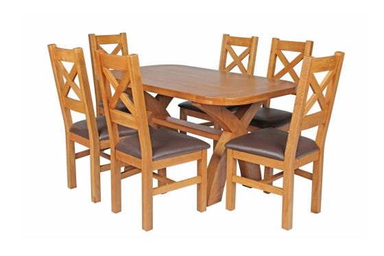 Country Oak 140cm Cross Leg Fixed Oval Table and 6 Windermere Brown Leather Chairs - SPRING SALE