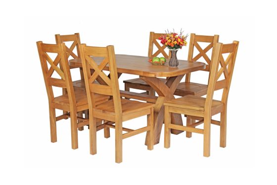 Country Oak 140cm Cross Leg Fixed Oval Table and 6 Windermere Timber Seat Chairs