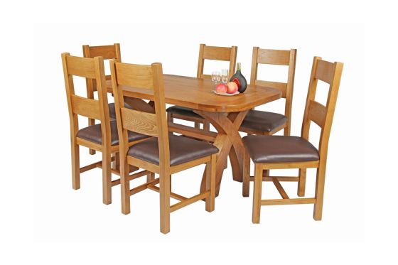 Country Oak 140cm Cross Leg Fixed Oval Table and 6 Chester Brown Leather Chairs