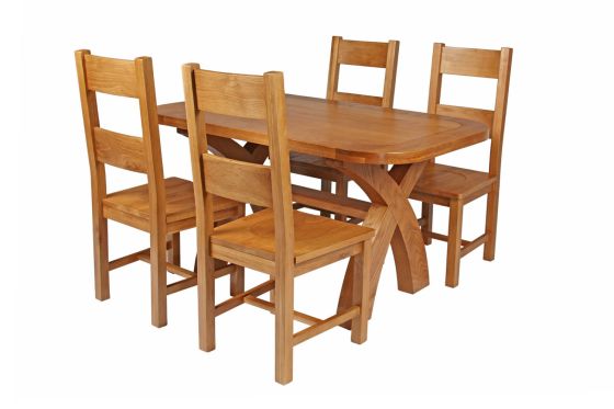 Country Oak 140cm Cross Leg Fixed Oval Table and 4 Chester Timber Seat Chairs