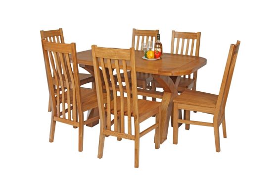 Country Oak 140cm Cross Leg Fixed Oval Table and 6 Chelsea Timber Seat Chairs