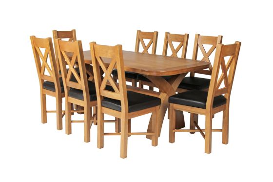 Country Oak 180cm Cross Leg Fixed Oval Table and 8 Grasmere Brown Leather Chairs
