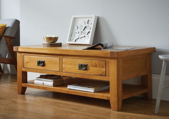Country Oak Large 4 Drawer Coffee Table With Shelf - WINTER SALE